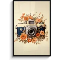 PosterMonkey Poster in lijst - Fotolijst 80x120 cm - Posters - Vintage - Camera - Bloemen - Beige - Oranje - Posterlijst zwart - Decoratie - Wanddecoratie woonkamer - Muurdecoratie slaapkamer