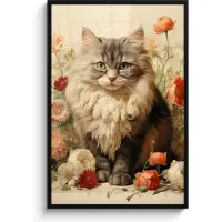 PosterMonkey Poster in lijst - Fotolijst 80x120 cm - Posters - Vintage - Kat - Bloemen - Wit - Natuur - Dieren - Posterlijst zwart - Decoratie - Wanddecoratie woonkamer - Muurdecoratie slaapkamer
