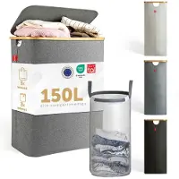 Blumtal Wasmand 150L - Wasmand met 3 uitneembare waszakkken - Wasmand met 3 vakken - Smalle wasmand - Flesverzamelaar - Wasmand met deksel - Grijs
