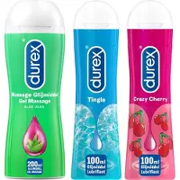 Durex - 3 Glijmiddelen - Waterbasis - Massage Olie en Glijmiddel 2/1 Aloë Vera 200ml - Play Tingle Gel 100ml - Crazy Cherry met Smaak Kers 100ml