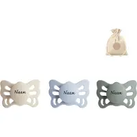 Frigg butterfly spenen siliconen anatomisch met naam T1 (0-6 maanden) + speenzakje - Cream, Sage en Powder blue - fopspenen