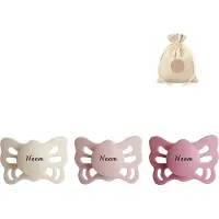 Frigg butterfly spenen siliconen anatomisch met naam T1 (0-6 maanden) + speenzakje - Cream, Blush en Cedar - fopspenen