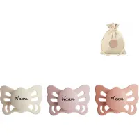 Frigg butterfly spenen siliconen anatomisch met naam T1 (0-6 maanden) + speenzakje - Cream, Blush en Peach - fopspenen