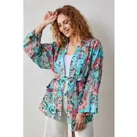 DIDI Kimono In Granite Green With Floral Medley Print Maat: 34-36 | Badjassen Outlet | Dames | Groen