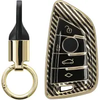 Kwmobile autosleutel hoesje met sleutelring - geschikt voor BMW 3-knops Smart Key autosleutel hoesje - Sleutel case met sleutelhanger - Metallic Carbon design in goud / zwart