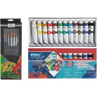 Toppoint Acrylverf schilderset - 12x gekleurde tubes van 12 ml - met 7x schilderpenselen