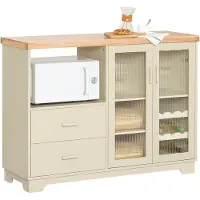 SoBuy Keukenmeubel, buffetkast, dressoir met glazen deuren en lades, salontafel met werkblad, compartiment voor magnetron, wijnrek, geschikt voor woonkamer en eetkamer. FSB81-MI