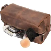 Bouletta Lederen Make Up tas Cosmetica Organizer Toilettas dopp kit echt leer - Antic Coffee (XL)