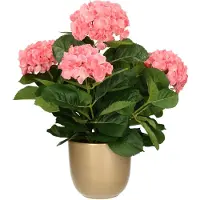 Mica Decorations Hortensia kunstplant/kunstbloemen 45 cm - roze - in pot goud glans - Kunstplanten