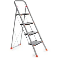 Perel Stepix trapladder, 4 treden, inklapbaar, huishoudtrap met hoge beugel, antislipvoetjes en antislipprofiel op de twee treden, epoxycoating, metaal, draagvermogen tot 150 kg