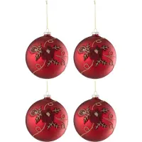 J-Line kerstbal Bloem - glas - rood - small - doos van 4