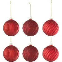 J-Line kerstbal Geribbeld & Geruit - glas - rood - small - doos van 6