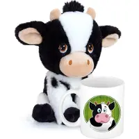 Keel Toys Cadeauset kind - Koeien knuffel 18 cm en Drinkbeker/mok Koe 300 ml - Knuffel boederijdieren