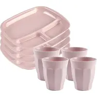 PlasticForte camping servies van kunststof - 4x vakjesborden en 4x drinkbekers - roze - onbreekbaar