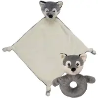 Nature Planet Pluche dieren setje wolf knuffel rammelaar 15 cm en tutteldoekje 40 cm - Knuffeldoek