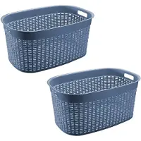 Hega hogar Rotan line wasmand - 2x - blauw - inhoud 44 liter - kunststof - 58 x 39 x 27 cm - Wasmanden