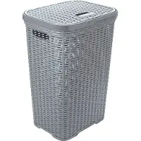Hega hogar Wasmand met deksel Rotan - zilvergrijs - kunststof - 60L - 34 x 43 x 62 cm - Wasmanden