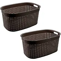 Hega hogar Rotan line wasmand - 2x - donkerbruin - inhoud 44 liter - kunststof - 58 x 39 x 27 cm - Wasmanden