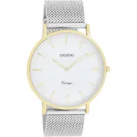 Oozoo Timepieces - Goudkleurige horloge met zilverkleurige metalen mesh armband - C20119