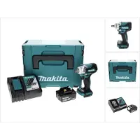 Makita Boormachine + slagboor, DTW 300 RT1J Accu-slagmoersleutel 18 V 330 Nm 1/2" Borstelloos + 1x accu 5.0 Ah + lader + M (Oplaadbare batterij)