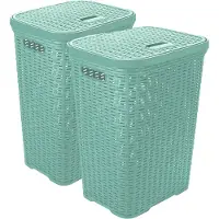 Hega hogar Wasmand met deksel Rotan - 2x - mintgroen - kunststof - 60L - 34 x 43 x 62 cm - Wasmanden