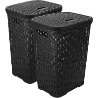 Hega hogar Wasmand met deksel Rotan - 2x - antraciet - kunststof - 60L - 34 x 43 x 62 cm - Wasmanden