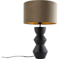 QAZQA Design tafellamp zwart fluwelen kap taupe met goud 35 cm - Alisia
