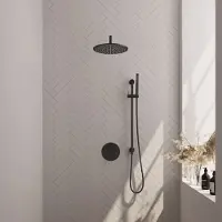 Brauer Black Carving thermostatische inbouw regendouche 3-weg rond SET 88 met 30 cm douchekop en gebogen muurarm en staaf handdouche en doucheslang en geïntegreerde glijstang mat zwart