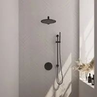Brauer Black Carving thermostatische inbouw regendouche 3-weg rond SET 86 met 30 cm douchekop en rechte muurarm en staaf handdouche en doucheslang en geïntegreerde glijstang mat zwart