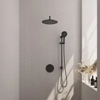 Brauer Black Edition thermostatische inbouw regendouche 3-weg rond SET 94 met 30 cm douchekop en gebogen muurarm en 3-standen handdouche en doucheslang en geïntegreerde glijstang mat zwart