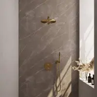 Brauer Edition Inbouw Regendoucheset 3-weg Rond - 30cm Hoofddouche - Rechte Wandarm - Staafhanddouche - Wandhouder - Geborsteld Goud PVD - Messing - Kranen, Douchekranen, Douchesets, Inbouw