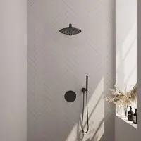 Brauer Black Edition thermostatische inbouw regendouche 3-weg rond SET 74 met 30 cm douchekop en rechte muurarm en staaf handdouche en doucheslang en wandaansluitbocht mat zwart
