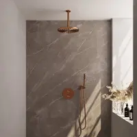 Brauer Copper Edition thermostatische inbouw regendouche 3-weg rond SET 78 met 30 cm douchekop en plafondarm en staaf handdouche en doucheslang en wandaansluitbocht koper geborsteld PVD