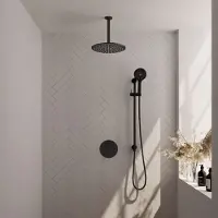 Brauer Black Edition thermostatische inbouw regendouche 3-weg rond SET 96 met 30 cm douchekop en plafondarm en 3-standen handdouche en doucheslang en geïntegreerde glijstang mat zwart