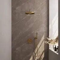 Brauer Gold Carving thermostatische inbouw regendouche 3-weg rond SET 76 met 30 cm douchekop en gebogen muurarm en staaf handdouche en doucheslang en wandaansluitbocht goud geborsteld PVD