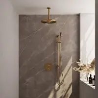 Brauer Gold Carving thermostatische inbouw regendouche 3-weg rond SET 90 met 30 cm douchekop en plafondarm en staaf handdouche en doucheslang en geïntegreerde glijstang goud geborsteld PVD