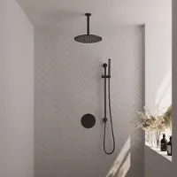 Brauer Black Carving thermostatische inbouw regendouche 3-weg rond SET 90 met 30 cm douchekop en plafondarm en staaf handdouche en doucheslang en geïntegreerde glijstang mat zwart