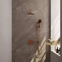 Brauer Copper Edition thermostatische inbouw regendouche 3-weg rond SET 93 met 20 cm douchekop en gebogen muurarm en 3-standen handdouche en doucheslang en geïntegreerde glijstang koper geborsteld PVD