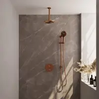Brauer Copper Carving thermostatische inbouw regendouche 3-weg rond SET 95 met 20 cm douchekop en plafondarm en 3-standen handdouche en doucheslang en geïntegreerde glijstang koper geborsteld PVD