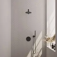 Brauer Black Carving thermostatische inbouw regendouche 3-weg rond SET 73 met 20 cm douchekop en rechte muurarm en staaf handdouche en doucheslang en wandaansluitbocht mat zwart