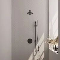 Brauer Black Carving thermostatische inbouw regendouche 3-weg rond SET 85 met 20 cm douchekop en rechte muurarm en staaf handdouche en doucheslang en geïntegreerde glijstang mat zwart