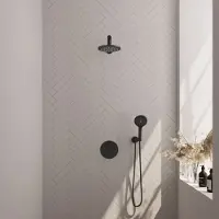 Brauer Black Edition thermostatische inbouw regendouche 3-weg rond SET 79 met 20 cm douchekop en rechte muurarm en 3-standen handdouche en doucheslang en wandaansluitbocht mat zwart
