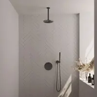 Brauer Gunmetal Carving thermostatische inbouw regendouche 3-weg rond SET 77 met 20 cm douchekop en plafondarm en staaf handdouche en doucheslang en wandaansluitbocht gunmetal geborsteld PVD