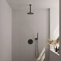 Brauer Black Carving thermostatische inbouw regendouche 3-weg rond SET 77 met 20 cm douchekop en plafondarm en staaf handdouche en doucheslang en wandaansluitbocht mat zwart