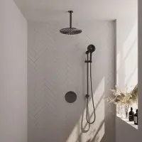 Brauer Gunmetal Carving thermostatische inbouw regendouche 3-weg rond SET 96 met 30 cm douchekop en plafondarm en 3-standen handdouche en doucheslang en geïntegreerde glijstang gunmetal geborsteld PVD