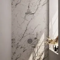 Brauer Brushed Edition thermostatische inbouw regendouche 3-weg rond SET 76 met 30 cm douchekop en gebogen muurarm en staaf handdouche en doucheslang en wandaansluitbocht RVS geborsteld PVD