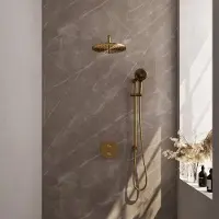 Brauer Carving Inbouw Regendoucheset 3-weg Rond - 30cm Hoofddouche - Gebogen Wandarm - 3 Standen Handdouche - Glijstang - Geborsteld Goud PVD - Kranen, Douchekranen, Douchesets, Inbouw douchesets