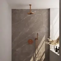 Brauer Copper Edition thermostatische inbouw regendouche 3-weg rond SET 77 met 20 cm douchekop en plafondarm en staaf handdouche en doucheslang en wandaansluitbocht koper geborsteld PVD