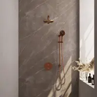 Brauer Copper Edition thermostatische inbouw regendouche 3-weg rond SET 91 met 20 cm douchekop en rechte muurarm en 3-standen handdouche en doucheslang en geïntegreerde glijstang koper geborsteld PVD