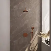 Brauer Copper Carving thermostatische inbouw regendouche 3-weg rond SET 81 met 20 cm douchekop en gebogen muurarm en 3-standen handdouche en doucheslang en wandaansluitbocht koper geborsteld PVD